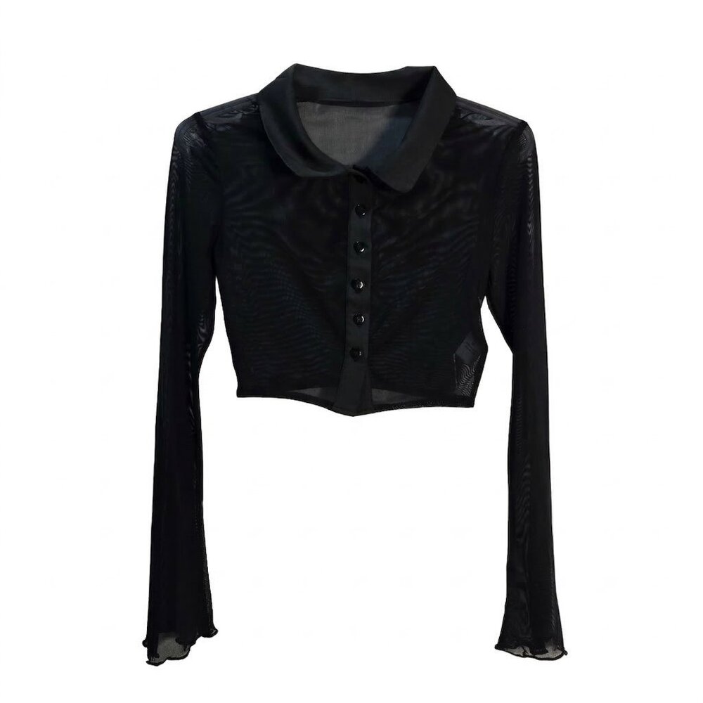 NWT | Avanova | Black | Sheer Mesh Button-Up Crop Top | X-Small